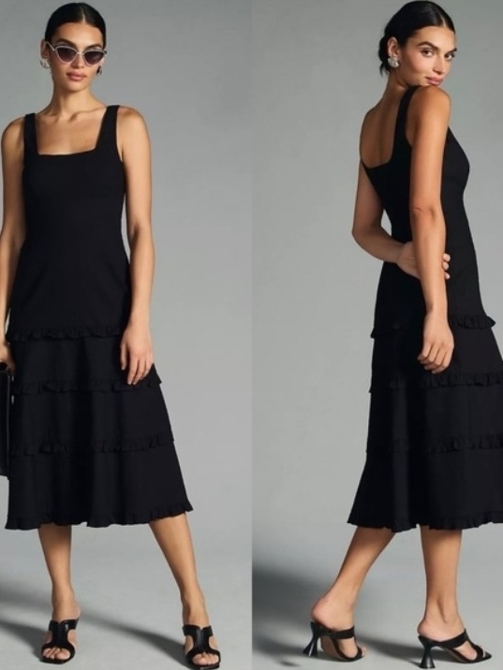 Anthropologie Black Tiered Midi Dress with Square Neck